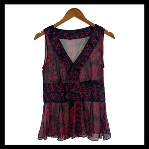 ECI New York Black Red Floral Sheer Silk Sleeveless Blouse Fitted Top Size 8